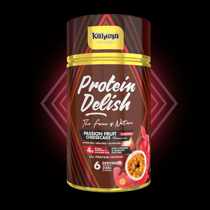 Best Tasting Protein powder, Protein Delish, Passion Fruit Cheesecake Flavour, front side 220g